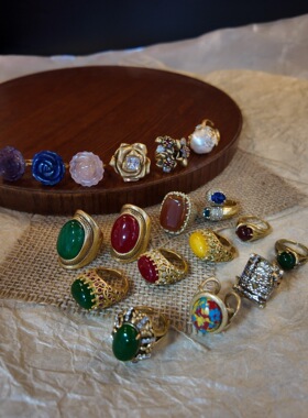 欧美复古做旧仿宝石戒指女小众设计感高级轻奢气质百搭食指戒