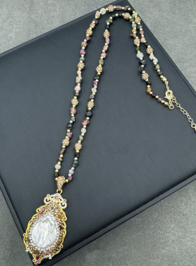新款天然巴洛克珍珠皇冠吊坠中古原石水晶毛衣链小众项链配饰