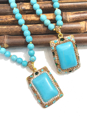 绿松石项链镶嵌绿色大闪钻复古又时尚方形吊坠高级感百搭