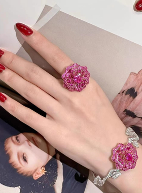 胭脂洋红玫瑰花宝石 项链 古董感 镀18K金 复古繁花帕拉锆石 耳环