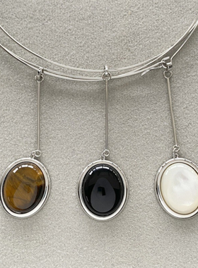 欧美轻奢小众设计董洁同款白贝壳木纹石黑玛瑙吊坠项圈女椭圆耳环