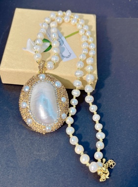 天然白马贝加天然珍珠毛衣链时尚气质百搭项链