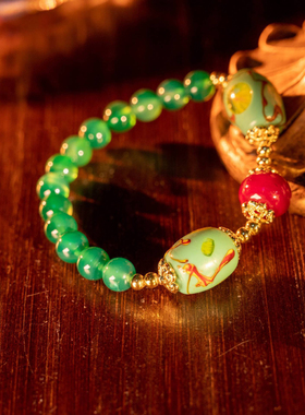 国潮新中式项链绿色叠戴手链玉髓串珠女士玛瑙锁骨链祖母绿可拆卸