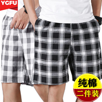 Summer pure cotton beach pants men's loose casual pajamas five-points large size home plaid shorts quick-drying large pants thin