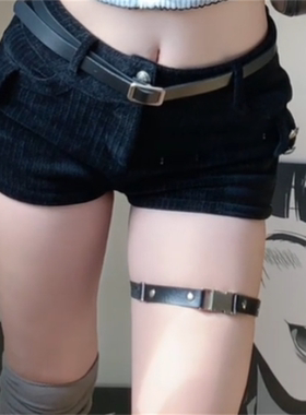 简约插扣PU腿环女暗黑朋克性感辣妹风腿带皮质大腿链配饰Y2K黑丝