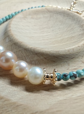 纯天然原矿绿松石彩色淡水珍珠单圈设计款diy手链生日礼物女