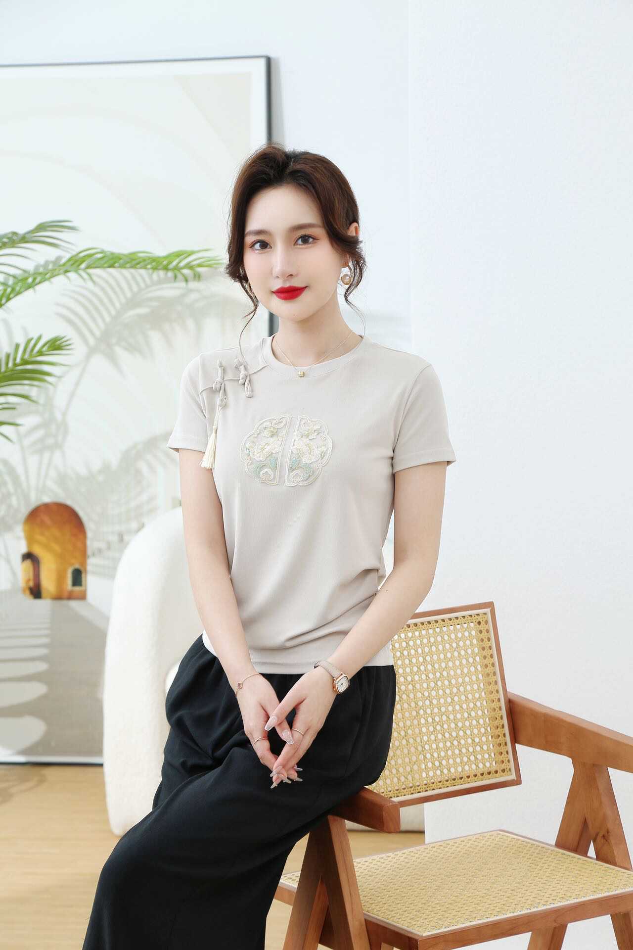 新中式盘扣国风短袖T恤XY881 - 图1