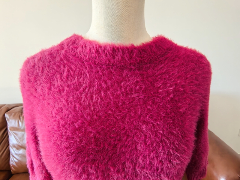 特价特价日单MM家圆领毛绒绒面料厚实紫红色春秋款针织短袖 - 图0