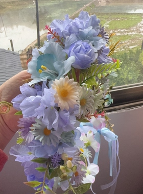 新款新娘花环头饰森系小清新绿叶蓝色花朵发箍女超仙婚纱礼服发饰