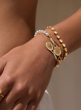 水钻网球拍不对称拼接粗款手链