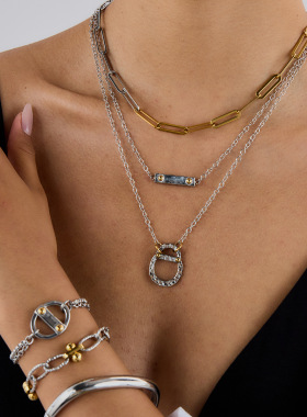 韩国女小众设计不掉色金银拼色易拉罐吊坠双层项链锁骨链颈饰品