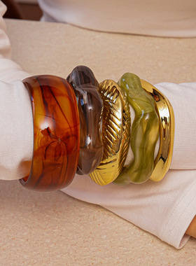 欧美跨境不规则树脂开口手镯轻奢感手环夸张时尚个性手饰