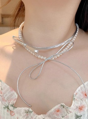 银色蝴蝶结珍珠链条皮绳颈饰项链