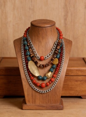 欧美跨境波西米亚风多层彩色串珠项链 多材质混搭 复古夸张个性锁
