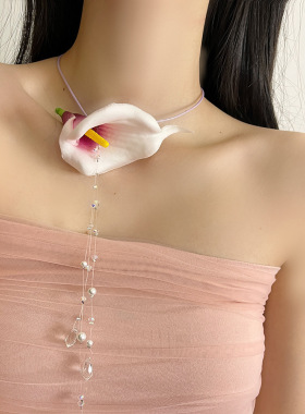 水晶珍珠流苏莲花朵颈链choker