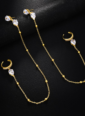 外贸热销水滴耳环小众个性设计双耳链接精致时尚百搭耳饰earrings