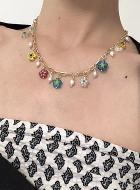 天然淡水珍珠彩色琉璃花项链