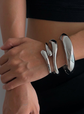 银色手镯朋克轻奢女士开口手环宽