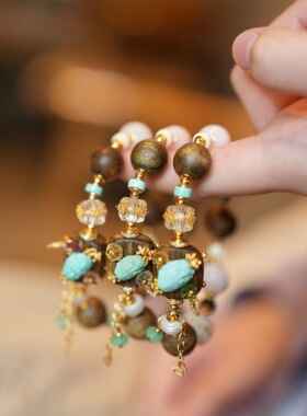 天然沉香手工镶绿松碧玺牌沉香多宝手串38097