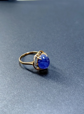 天然坦桑石非仿品玻璃净体18k黄金镶嵌包边戒指带证书