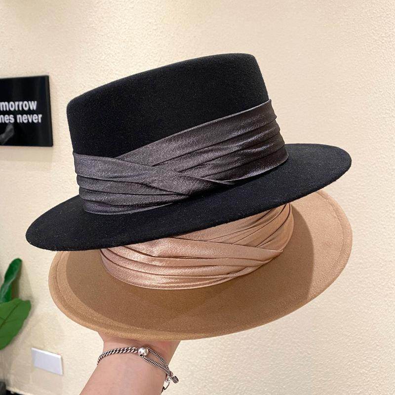 法式名媛风气质短檐平顶礼帽女复古百搭网红白色爵士帽绸缎毛呢帽,淘宝优惠券,粉丝福利购,淘宝优惠卷