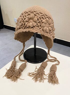 日系甜美花朵针织辫子护耳帽