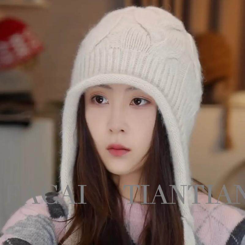 秋冬女士羊毛帽子女气质时髦护耳麻花毛线针织帽百搭显脸小包头帽
