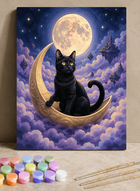魔法黑猫 diy数字油画 暗黑风万圣节哥特猫咪丙烯填色手绘装饰画