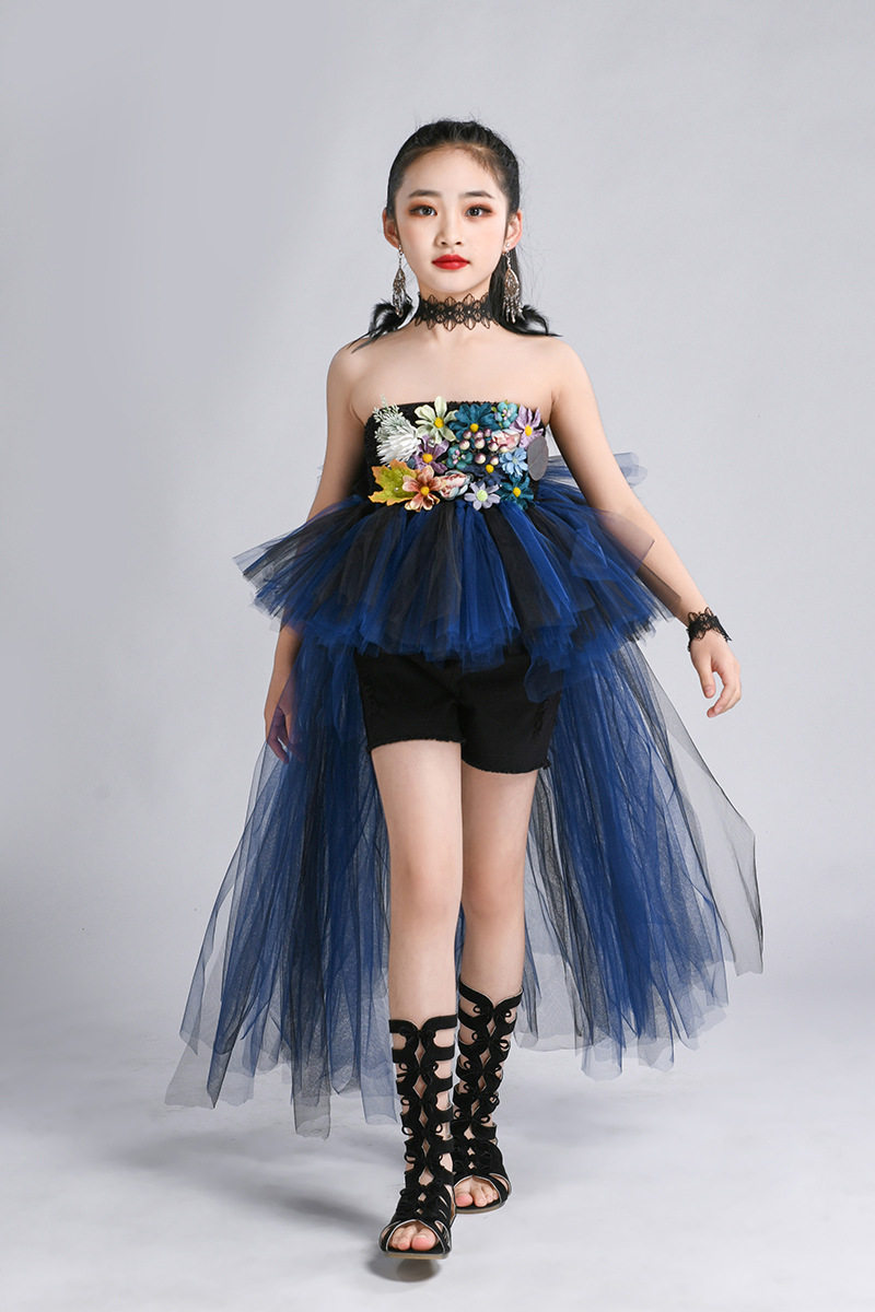 女童重工贴花蓝黑色套装礼服儿童走秀新款模特服潮服车模摄影服夏
