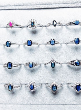 天然蓝宝石戒指925银镶嵌可调节活口指环时尚精致女款戒指