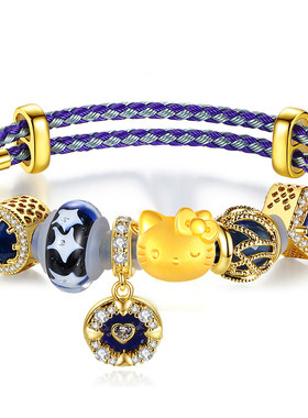 黄金足金999金kitty手链猫头蝴蝶结kt转运珠皮绳生日520礼物