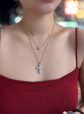 时髦超闪的仿真钻十字架满钻项链