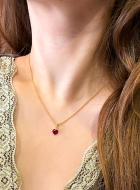 超显白红宝石水滴形心形金色项链