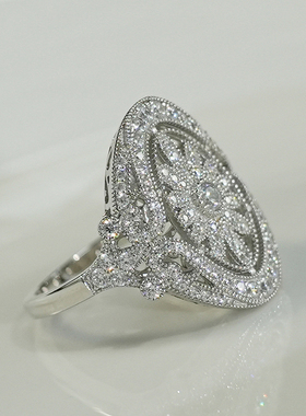 纯银复古满钻镂空满钻花朵戒指