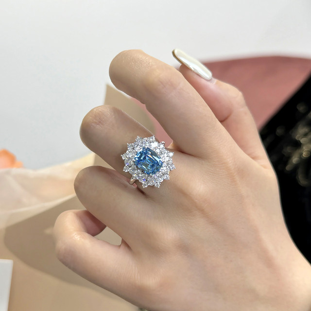 High-end 4 carat square sapphire ring for women with diamond aquamarine exaggerated large light luxury colored gemstone jewelry sterling silver