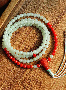 新中式国潮风天然晴水和田玉南红手串女款多圈叠戴手链礼物带证