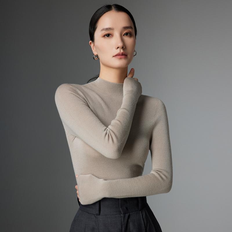 可机洗无缝一体精纺超细100纯羊毛衫女秋冬半高领毛衣针织打底衫 - 图1