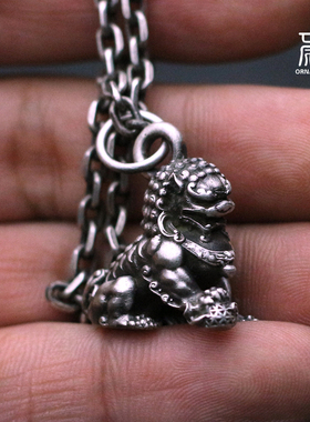 手工狮子神兽纯银项链招财吊坠