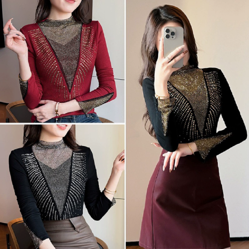 YX-895秋冬加厚保暖磨毛V领镶钻修身显瘦设计感半高领打底衫女,淘宝优惠券,粉丝福利购,淘宝优惠卷