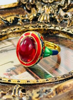 新款复古 珐琅彩 红刚玉戒指民族风女士指环饰品活口手饰