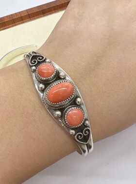 款蒙古元素手镯椭圆爱心边圆点双层镀银做旧民族风心形情侣