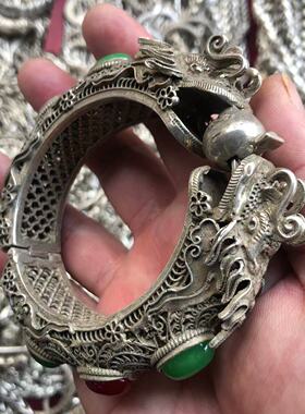 古玩杂项藏银苗银镂空仿古双龙戏珠民族风开口手镯老物件工艺品