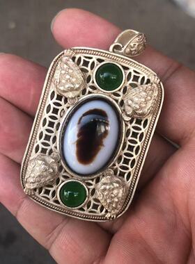 仿古做旧老藏银双龙戏珠吊坠苗银饰品项链镶嵌羊板眼天珠男女款