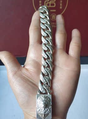 做旧白铜镀银苗族银手工雕刻狮子头银链手链男人银饰手镯
