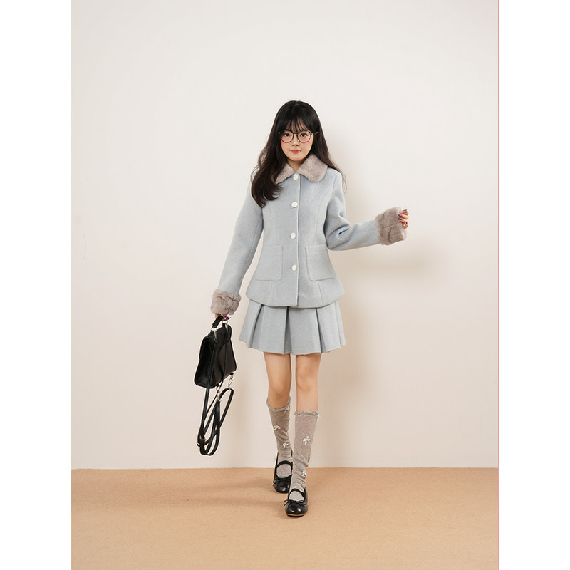 【甜美香风】蓝色冬季千金风套装古早收腰显瘦毛呢外套半裙两件套,淘宝优惠券,粉丝福利购,淘宝优惠卷