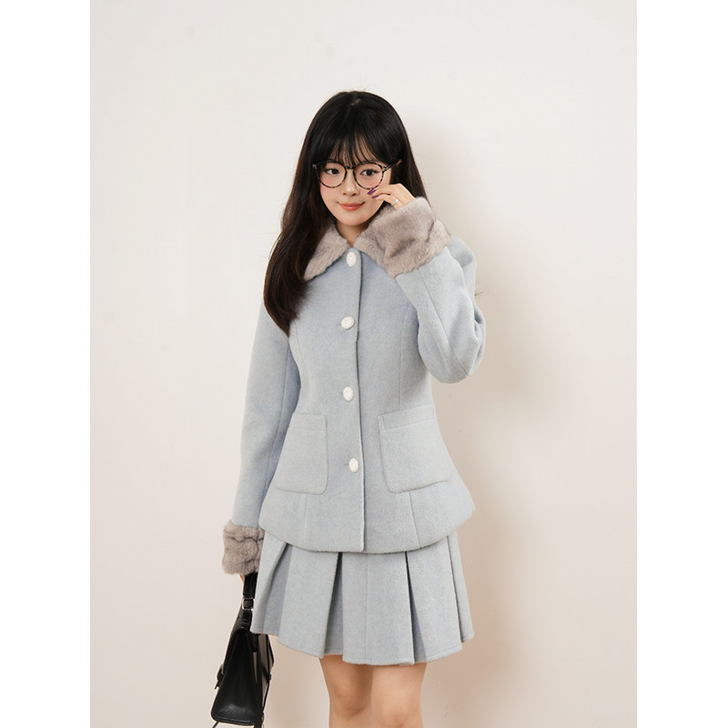 【甜美香风】蓝色冬季千金风套装古早收腰显瘦毛呢外套半裙两件套,淘宝优惠券,粉丝福利购,淘宝优惠卷