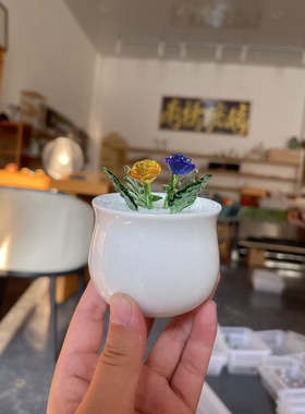 淄博琉璃玫瑰花摆件花瓶插花仿真花束桌面装饰礼物玻璃车载饰品