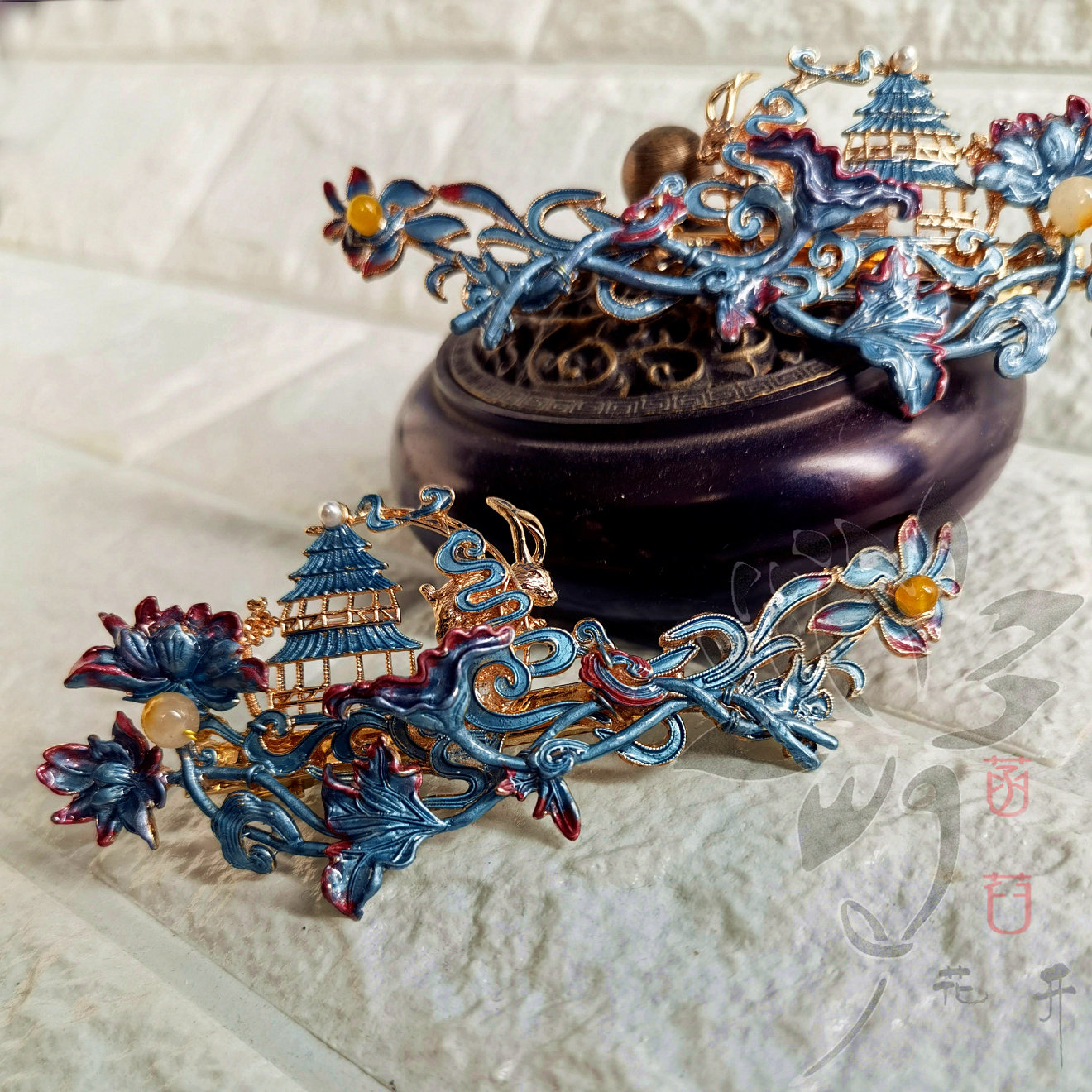 菡萏花开仿点翠明清烧蓝景泰蓝掐丝复古典戏曲汉服发簪发头饰胸针_虎窝淘