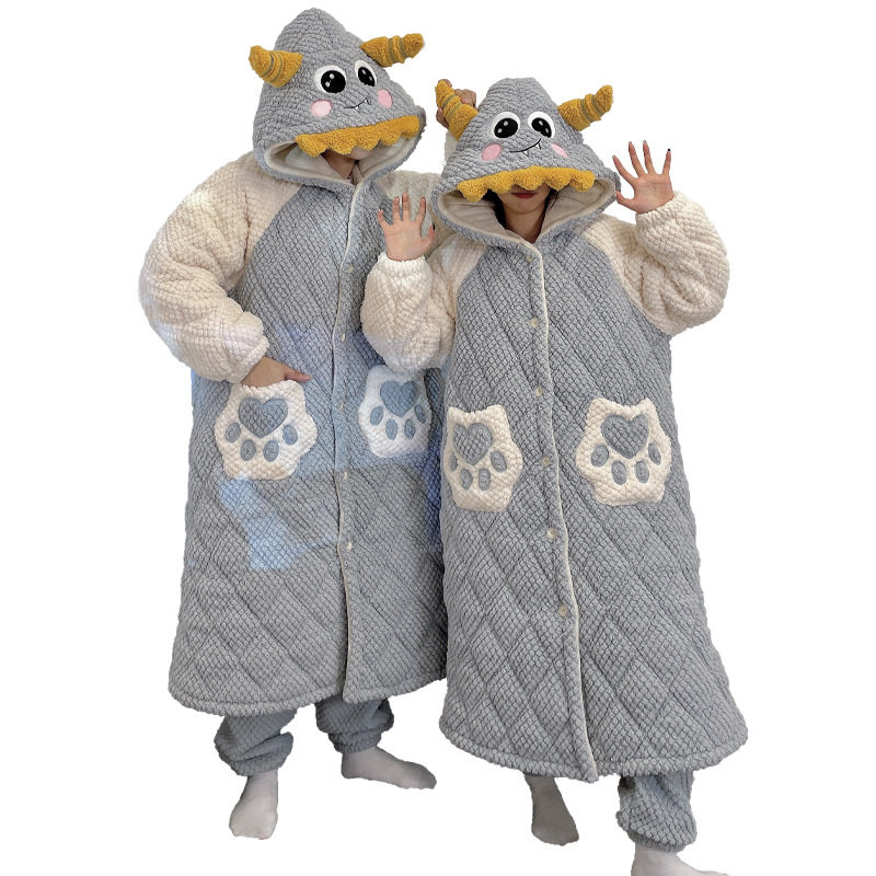 冬季情侣睡衣女三层夹棉加厚保暖睡袍长款珊瑚绒连帽家居服套装,淘宝优惠券,粉丝福利购,淘宝优惠卷