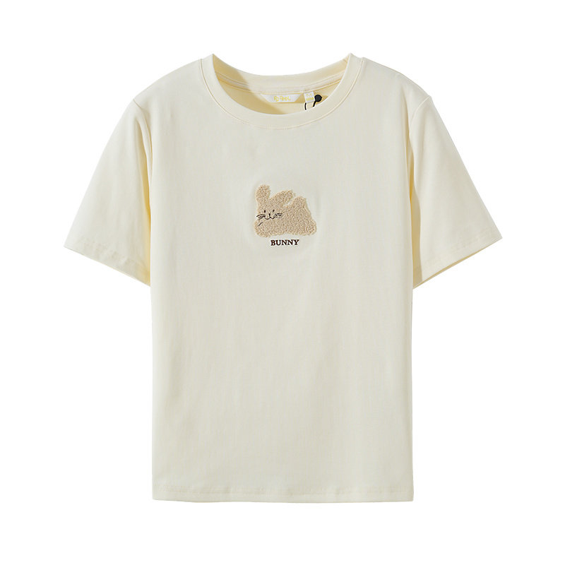 普普风商场同款女装简约圆领短袖休闲上衣小兔子毛巾绣T恤女23074